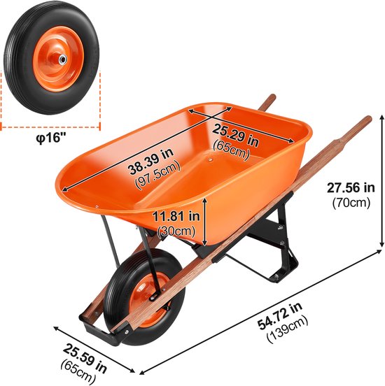Kruiwagen, 6 Cu, Laadvermogen & 150 Kg, Eenwielige Tuinkar met Metalen Handvat & 16” Brede Rupswielen, Eenvoudig te Laden Kar & Kar voor Gazonboerderij van Merkloos	 — afbeelding 4