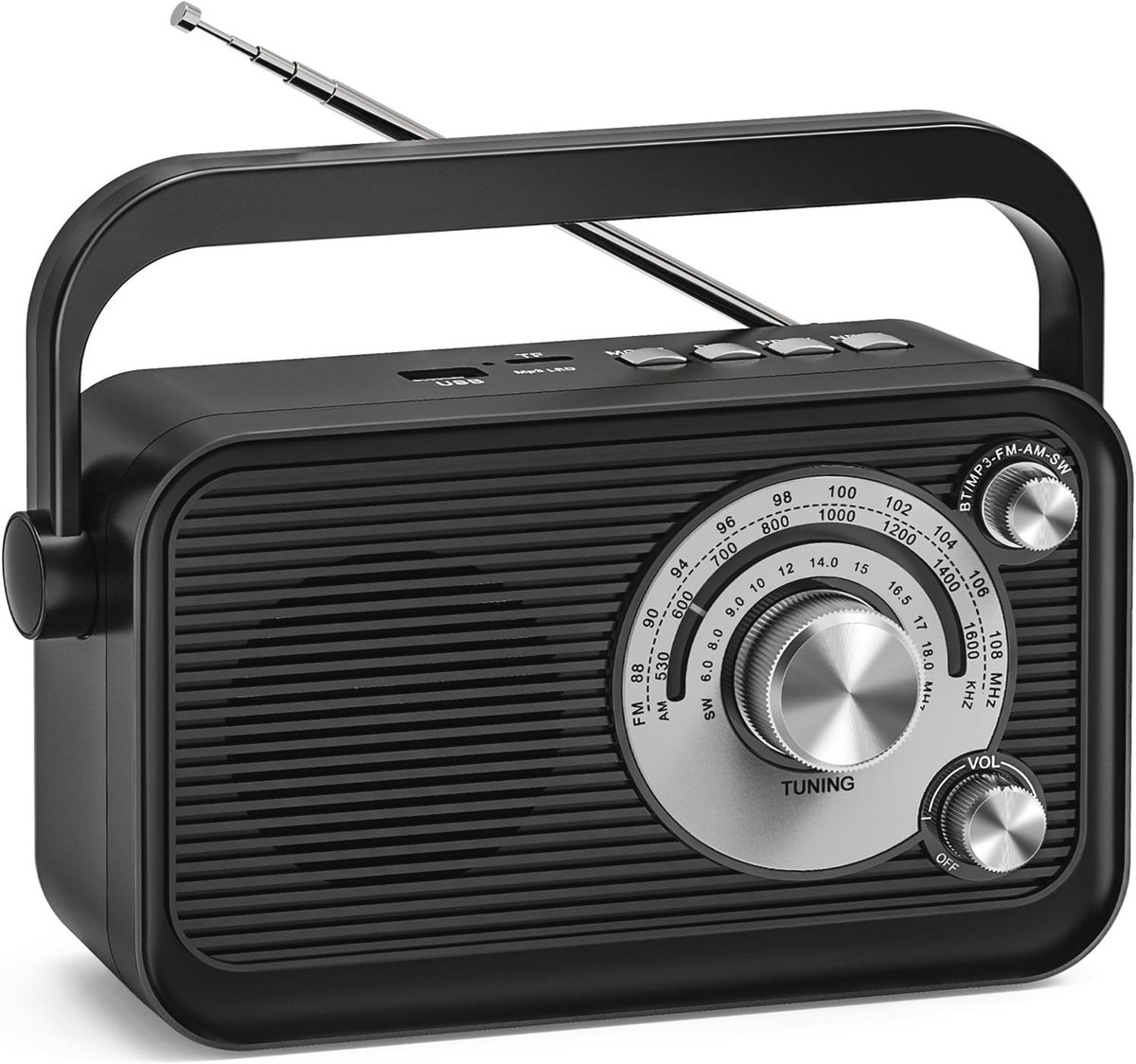 Draagbare Radio voor AM/FM/SW Ontvangst met Bluetooth en Hoofdtelefoonaansluiting