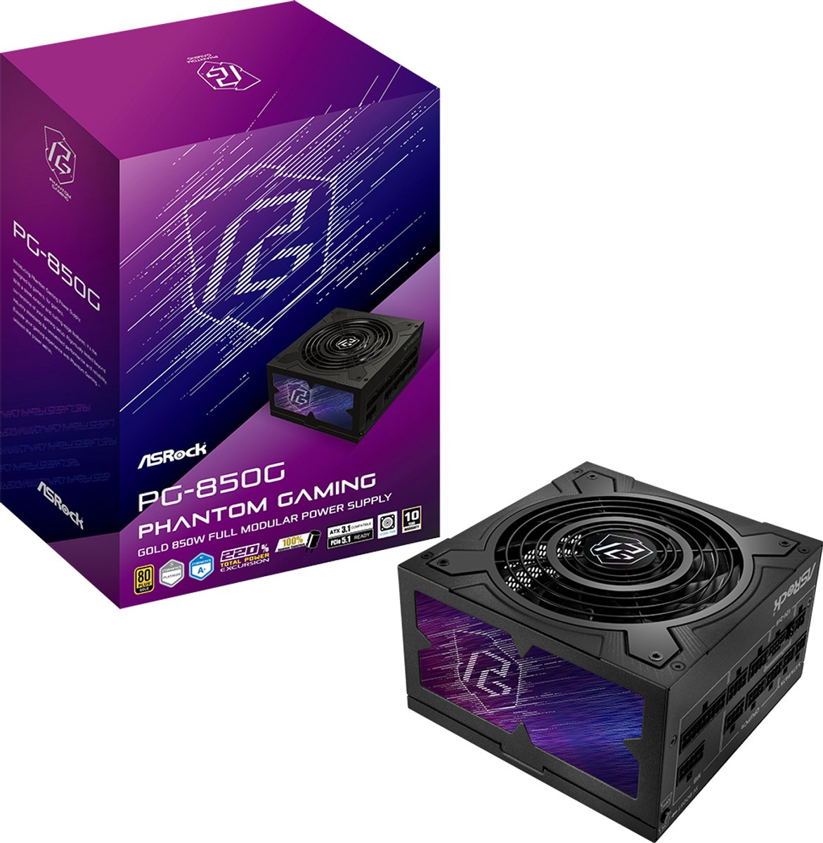 Asrock Phantom Gaming PG-850G - Voeding - ATX12V 3.0 - 80 Plus Gold - 850 Watt - Modulair - PCIe 5.1 - 135mm Striped Axial FDB Fan - iCool Intelligent Fan Control Mode - 5V BOOST Mode - zwart