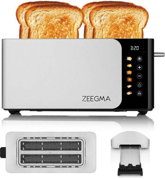 Zeegma Tostee Chef Smart – Broodrooster – 4-sleufs – 1500W – Touchscreen – LED-display – 6 standen – Broodsoortkeuze – Ontdooien/Opwarmen – Hoge lift – Automatische uitschakeling – Roestvrij staal – Elegant & slim design