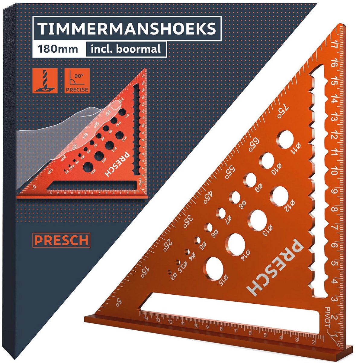 Timmermanshoek 180 mm - Precisie boormal voor exacte diameters - Aluminium voor duurzame 90° hoeken