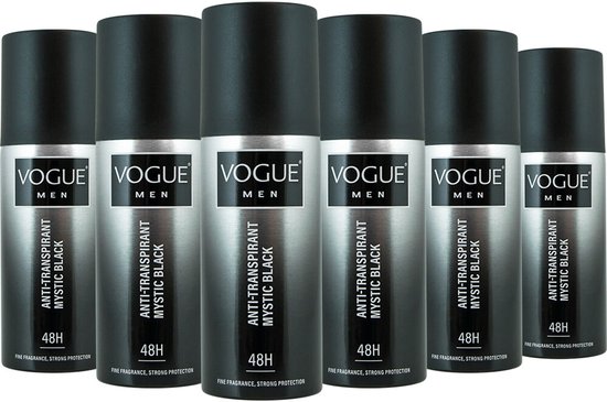Zes Vogue Anti-Transpirant Mystic Black deodorantbussen met zwarte dop en zilveren bus.