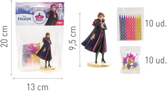 Anna figuur uit Frozen met paarse cape, 10 kaarsjes en 10 bloemen op een verpakking met afmetingen.