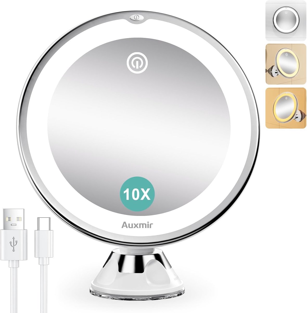Make-up Spiegel Oplaadbare LED verlichte scheerspiegel met 10X vergroting- 3 lichtkleuren en sterke zuignap - dimbare vergrotende spiegel voor thuis en onderweg