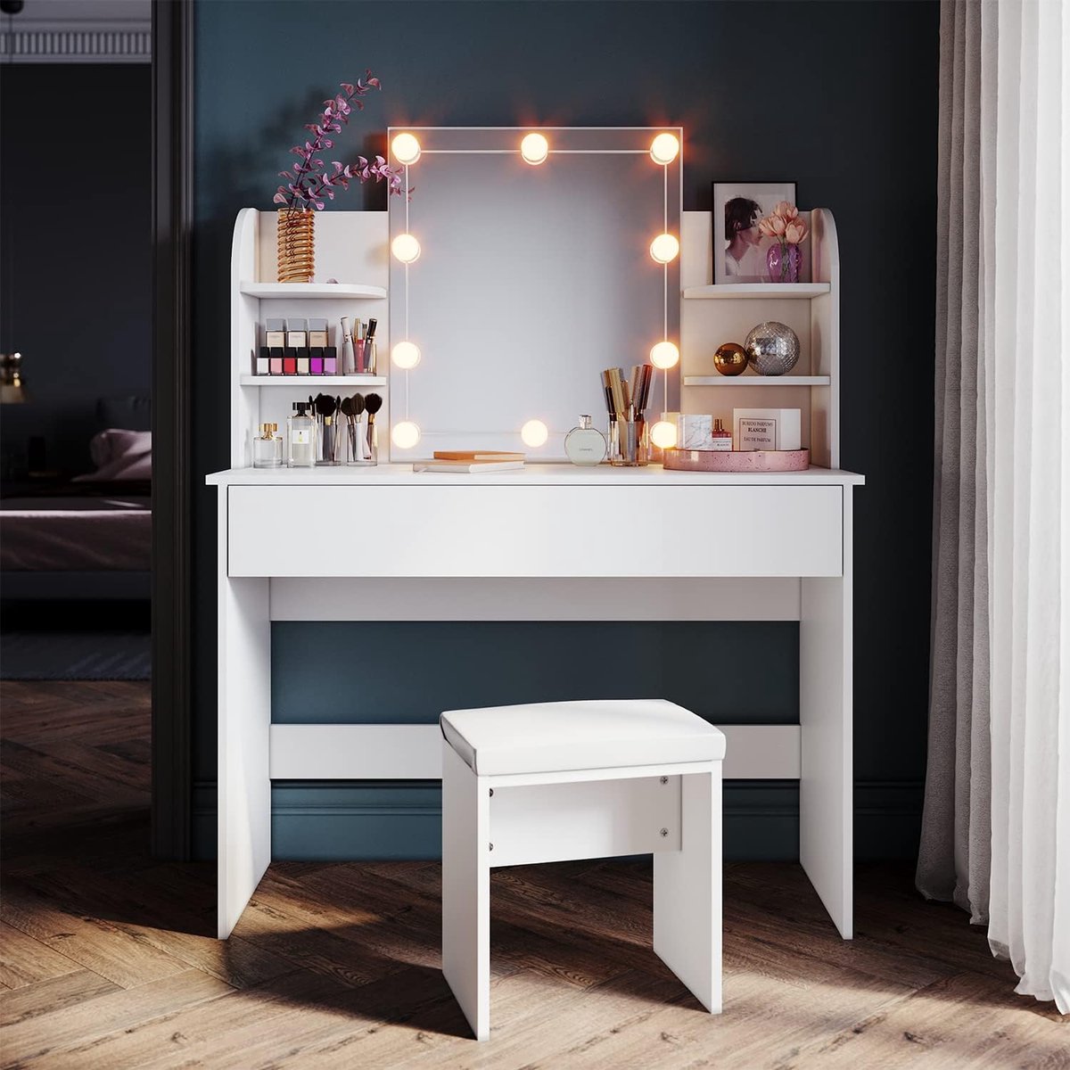 Make-uptafel met LED-verlichting en Hollywoodspiegel - Kaptafel met kruk en opbergruimte