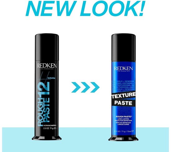 Twee Redken Rough Paste 12 flessen in zwart en blauw, met "NEW LOOK!" in groter lettertype erboven.