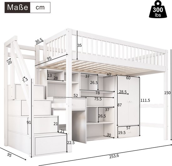 Lit mezzanine Merax 90x200 cm avec bureau et rangements - Lit enfant avec penderie et tiroir - Lit simple - Massief Hout - Wit