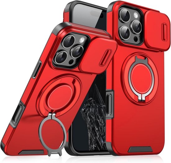 Armor Tough [360° draaibare ringstandaard] [compatibel met Magsafe] Hoesje Geschikt voor: iPhone 13 - Ingebouwde dia camera cover - Hybrid - Rood