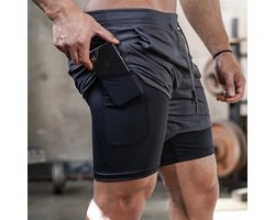 Sportshort Heren - 2-in-1 Hardloopshorts - Ademend & Sneldrogend - Voor Fitness & Training - Zwart/Grijs - L - 1 stuks