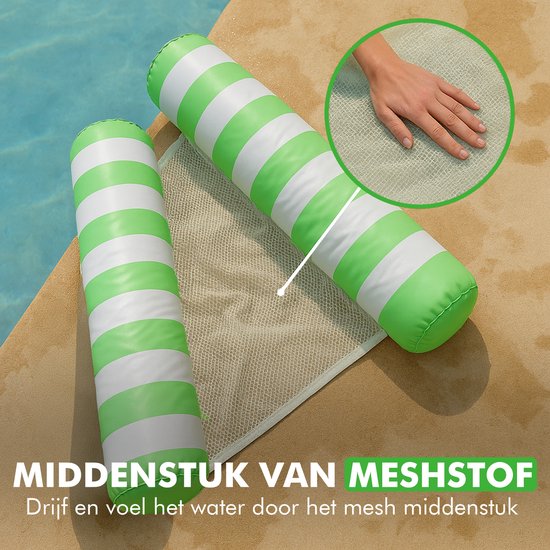 Twee groene en wit gestreepte drijvers op een beige rand bij een zwembad, met close-up van een mesh stof.