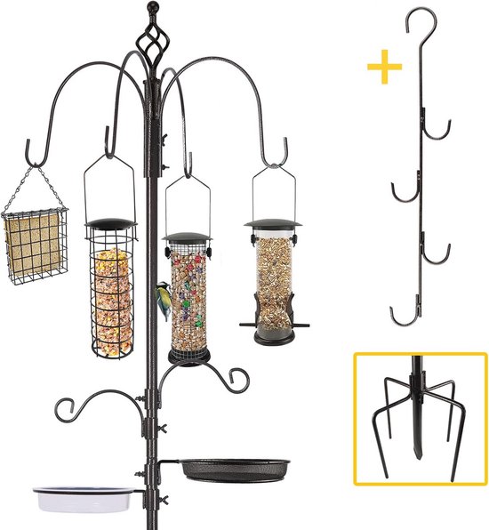 iBorn Metalen vogelvoeders voor buiten opknoping, wilde vogelvoeders voor kardinaal, 18 cm groot dak en lade zwart 6 poorten (zaad is niet inbegrepen