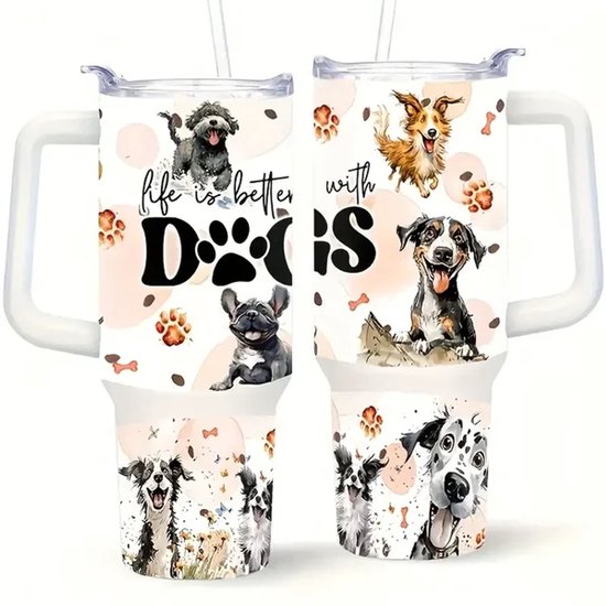 Thermosbeker Honden | Koffiebeker to Go | Thermosbeker voor Hondenliefhebbers | Beker Honden - Life is Better with Dogs Thermosbeker - 1000 ml - Uniek Cadeau - Petshop Seven