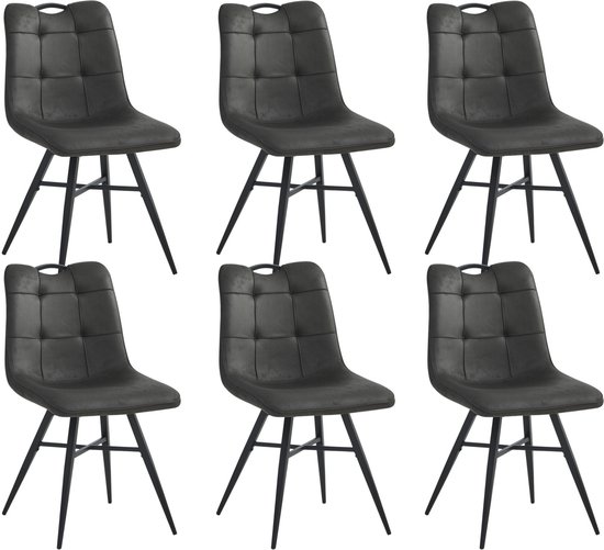 Ensemble de six chaises de salle à manger anthracite identiques en microfibre sur fond blanc.