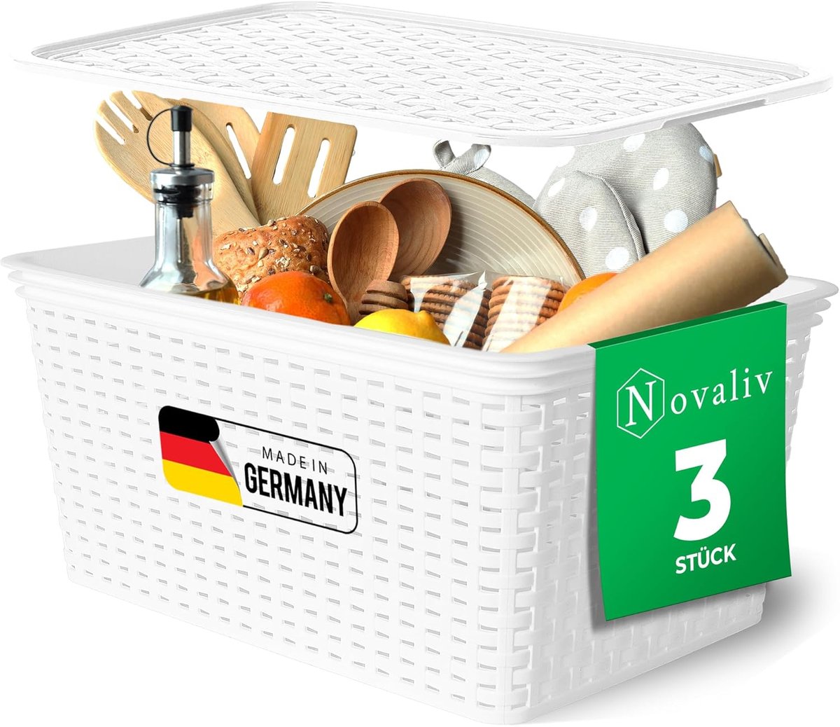 Novaliv Set van 3 opbergdozen met deksels Keuken 14L Wit Kunststof Rotanlook Keukenopslag & Organisatie BPA-vrij Kastorganizer Opbergdozen voor theezakjes Snacks Specerijen