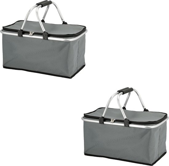 Novaliv 2X boodschappenmand opvouwbaar met koelfunctie 30 liter GRIJS geïsoleerde mand met gevoerde handgrepen en ritssluiting op het deksel draagmand