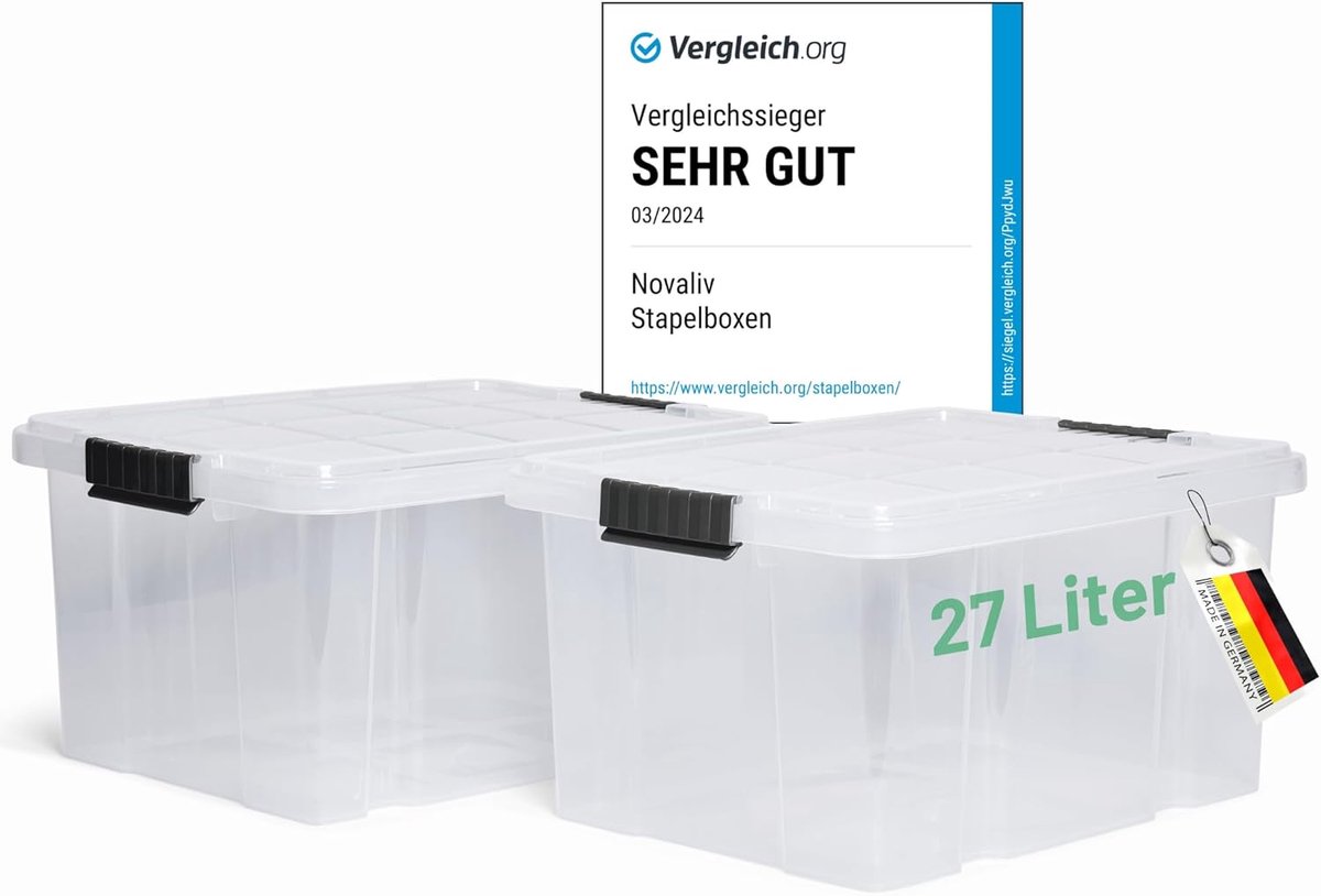 Novaliv 2x opbergdozen met deksel 27L transparant nestbaar stapelbaar opbergdozen met clipsluiting kunststof doos BPA-vrij 46,5x36,5x24 cm