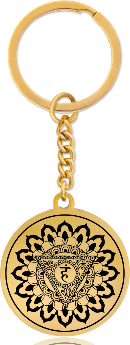 Keelchakra (Vishuddha) Sleutelhanger – Spiritueel Cadeau van Roestvrij Staal – Goudkleurig – Pax Amare
