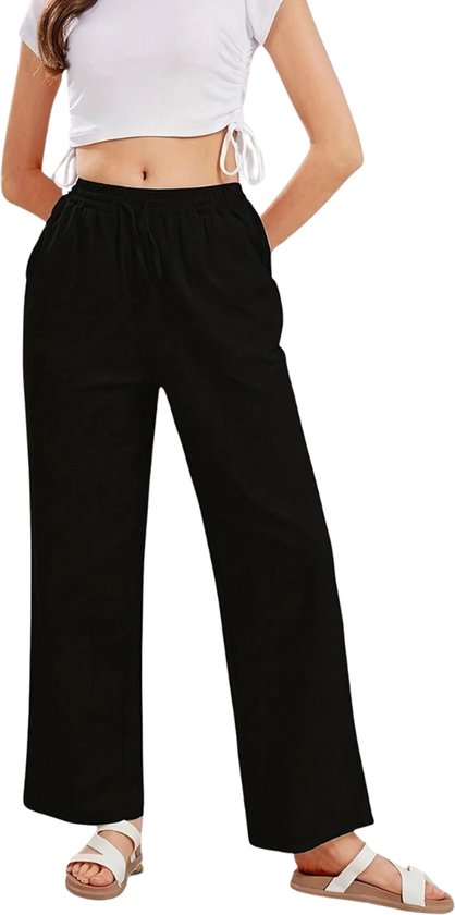 FEOYA Heren katoen linnen bijgesneden harembroek elastische trekkoord harembroek casual strand baggy broek, Zwart, XXL