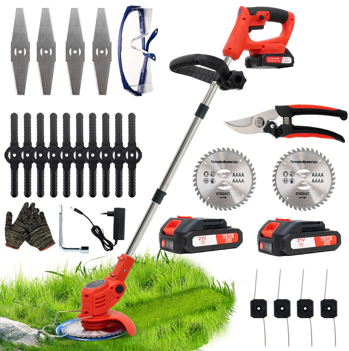 Accu grastrimmer met accu,OUTIGO opvouwbare grasmaaier, Draadloze grasmaaier, gazonkantentrimmer met 2 accu's 21V en 4 mestypen + 1 tuinschaar – foto 3