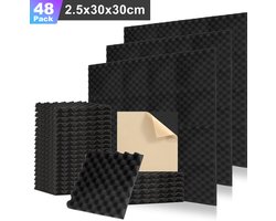 48 stuks Akoestische panelen 30x30x2.5cm Acoustic Foam Panels, Wandpaneel, Zelfklevend, voor wanddecoratie Zwart Golvend