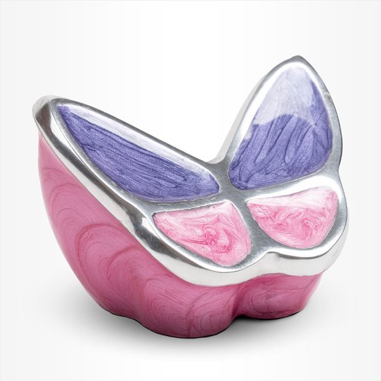 Mini vlinder urn in roze en paars, met zilveren rand.