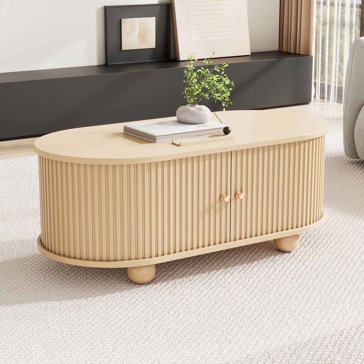 SINGULARITY Salontafel - met opbergruimte - schuifdeur - ovaal - houten meubel - Houtkleur