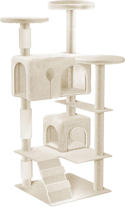 Grand arbre à chat beige à plusieurs niveaux avec tunnels, plateformes et poteaux à gratter.
