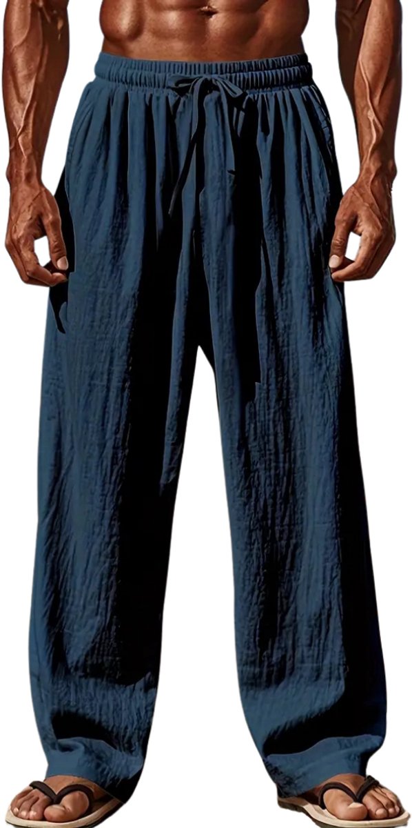 Livano Linnen Broek Heren Zomerbroek Volwassenen Lange Broek Pantalon Strandbroek Zomer Ibiza Stijl Blauw