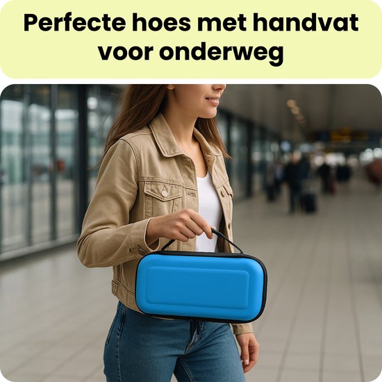Vrouw met bruine jas draagt een blauwe Nintendo Switch case met handvat.