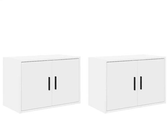 Twee witte wandkasten met dubbele deuren en zwarte verticale handgrepen.