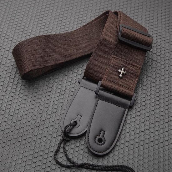 Foto: Gitaarband voor acoustische electrische of bas gitaar guitar strap met plectrumhouder bruin 90 155 cm