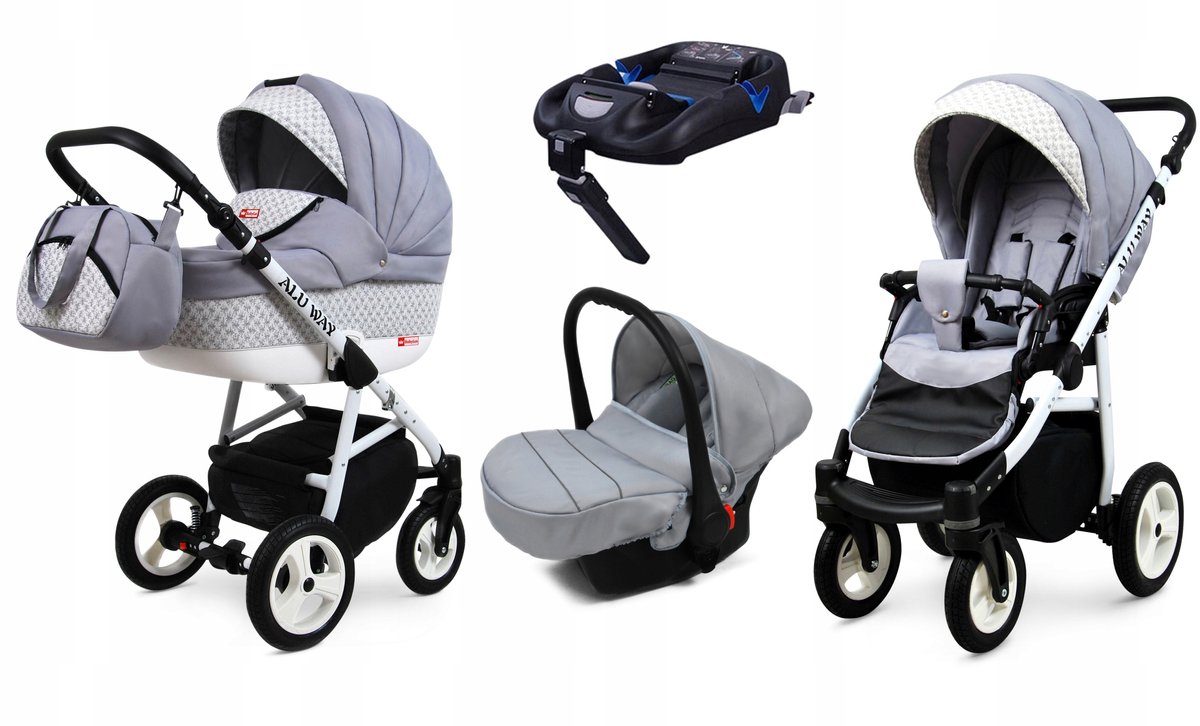 BabyLux® Kinderwagen 4in1 – ALUWAY - SILVER - Opklapbare Wandelwagen incl. Reiswieg, Multifunctionele Buggy Sportstoel, Autostoel, ISOFIX basisstation - Combi-kinderwagen met Luiertas, Regenhoes, Klamboe