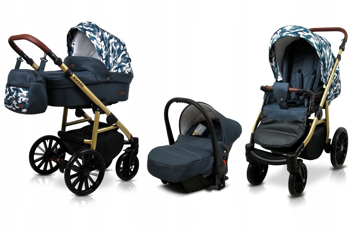 BabyLux® Kinderwagen 3in1 – ASPERO - GREY MORO - Opklapbare Wandelwagen incl. Reiswieg, Multifunctionele Buggy Sportstoel, Autostoel - Combi-kinderwagen met Luiertas, Regenhoes, Klamboe, Bekerhouder, etc.