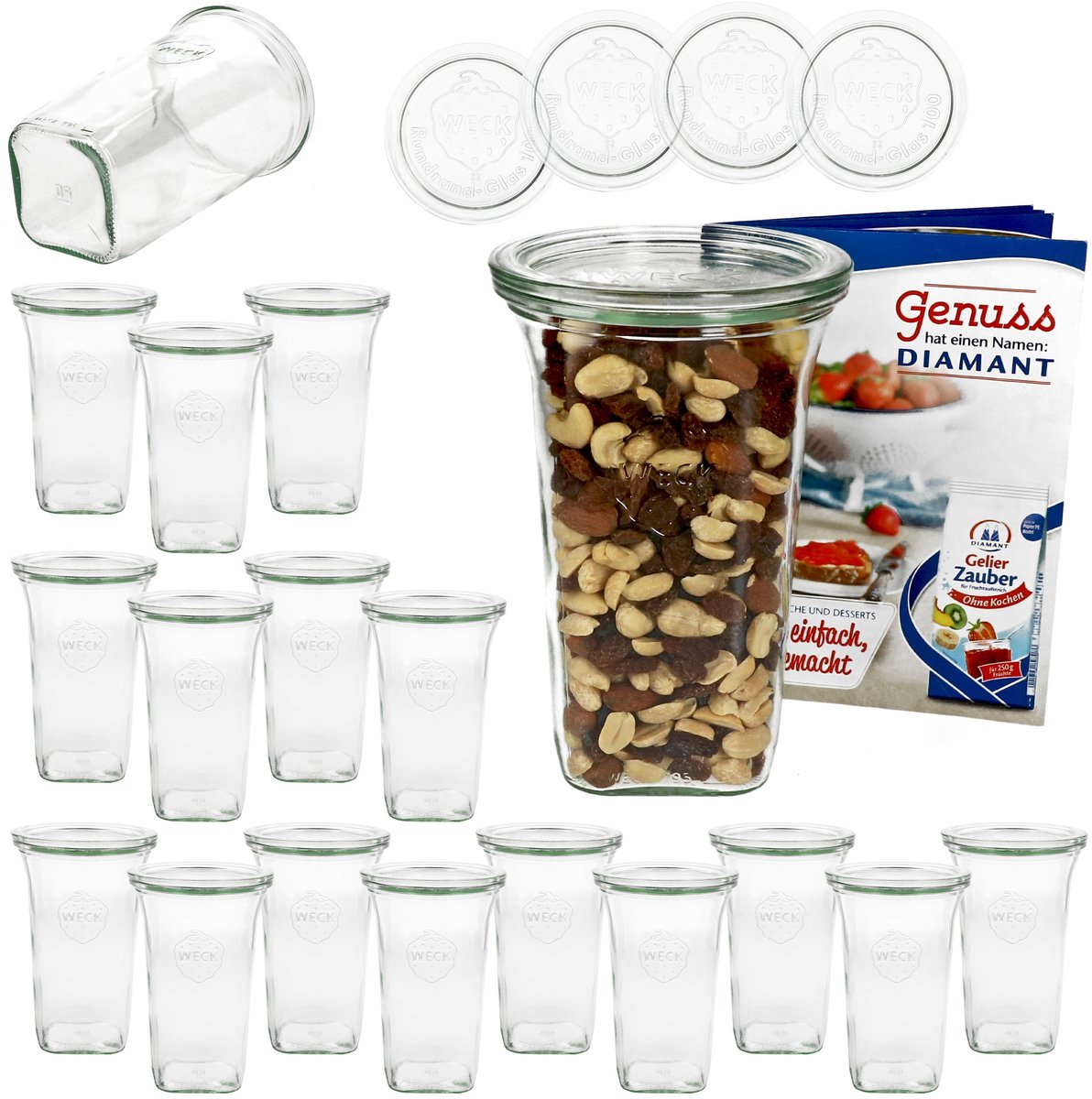 Set van 18 Weck Quentin 795 ml + 18 glazen deksels met receptenboekje