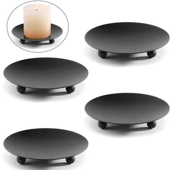 Bougeoirs noirs - plateau à bougies, lot de 4 - pour bougies piliers - bougies de baptême - bougeoirs - sous-verres à bougies (lot de 4 - noir)
