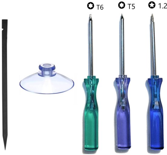 Reparatieset met 3 Torxschroevendraaiers (T6, T5, 1.2) en zuignapje.