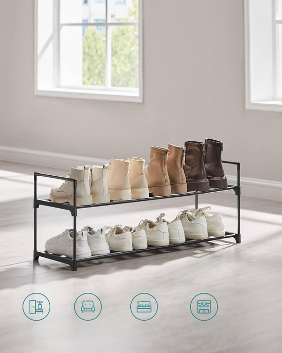Zwart 2-laags schoenenrek met 8 paar schoenen, met pictogrammen van gebruiksscenario's.