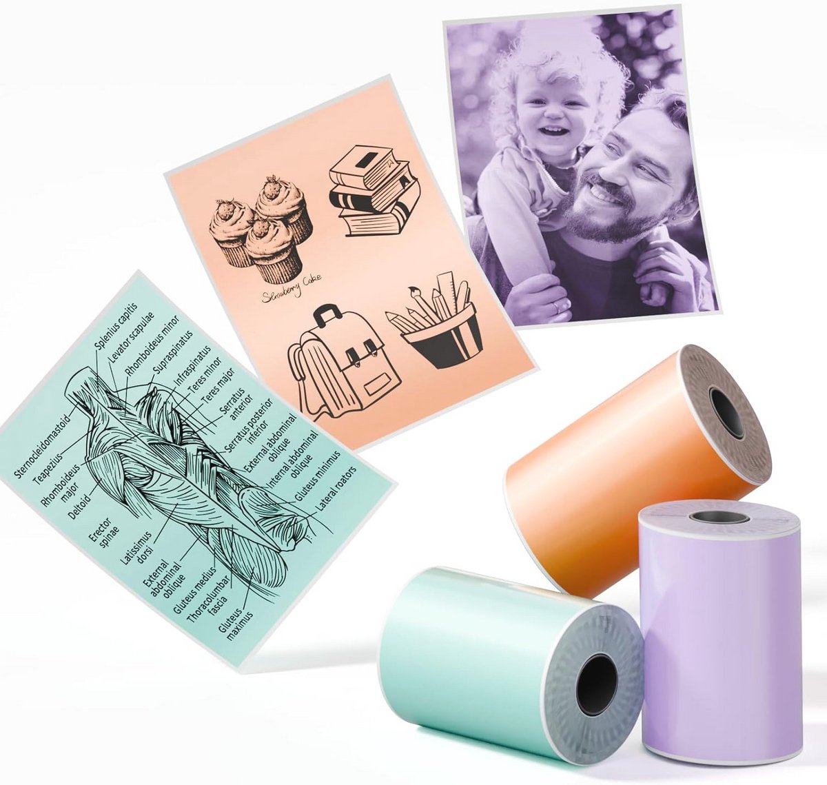 Zelfklevend thermisch printerpapier 53mm, 3 rollen in kleuren zwart, groen, paars, oranje - 10 jaar conservering