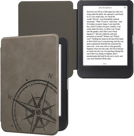 kwmobile e-reader hoesje geschikt voor Kobo Clara BW / Colour hoes - Ereader flip case met standaard - Kunstleren e reader cover - Vintage Kompas design in grijs van Merkloos — afbeelding 5