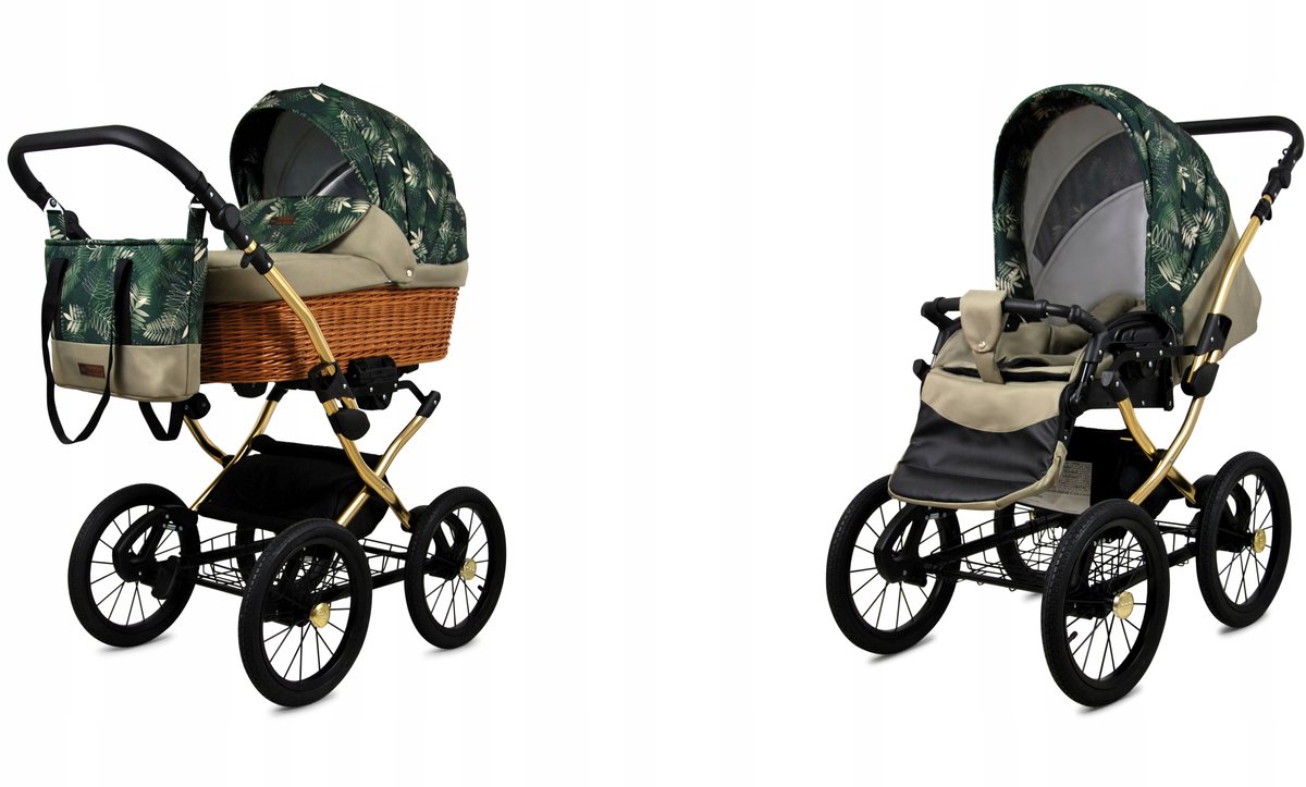 BabyLux® Kinderwagen 2in1 – CLASSIC GOLD - FERN LEAF SILVER FRAME - Opklapbare Wandelwagen incl. Reiswieg, Multifunctionele Buggy Sportstoel - Combi-kinderwagen met Luiertas, Regenhoes, Klamboe, Bekerhouder, etc.