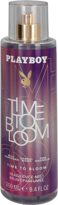 Playboy 'Time to Bloom' geurmist met paarse en roze gradiënt, gouden lijnen en Playboy konijn logo.