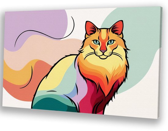 Kleurrijke kat digitale illustratie - Kat muurdecoratie - Schilderijen dieren - Digital Art - Design aan de muur - Woonkamer accessoires - canvas 70x50 cm