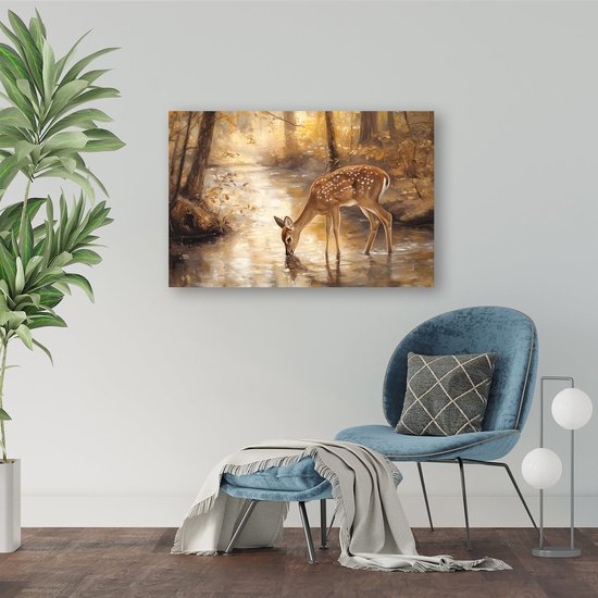 Hert drinkt bij bosbeekje - Hertje wanddecoratie - Canvas schilderij hert - Realisme - Klassieke schilderijen - Wanddecoratie - canvas 60x40 cm