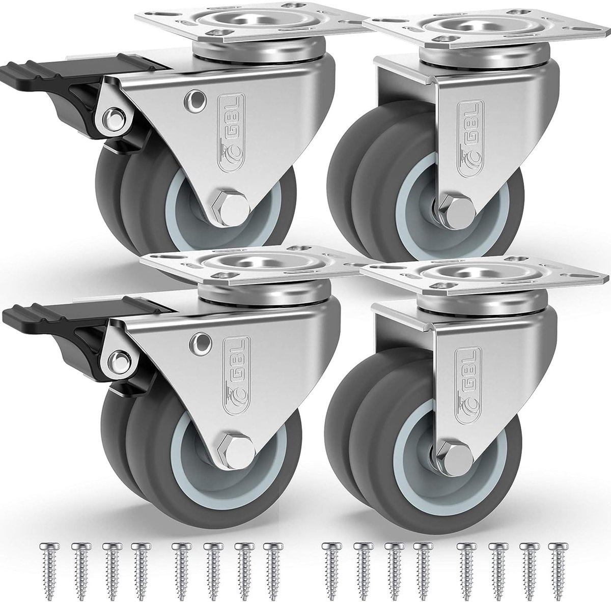 GBL Zwaarlast Zwenkwielen met 2 Eemmen + Schroeven - 50 mm tot 400 kg - 4 Stuks Zonder Vloersporen Trolley Wielen voor Meubels - Rubberen Trolleywielen - Zilver