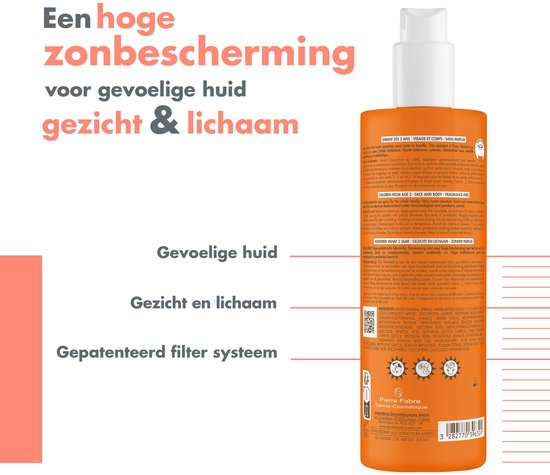 De oranje fles van de Avène Resistant Familie Spray SPF 50+ met Nederlandse tekst over hoge bescherming.