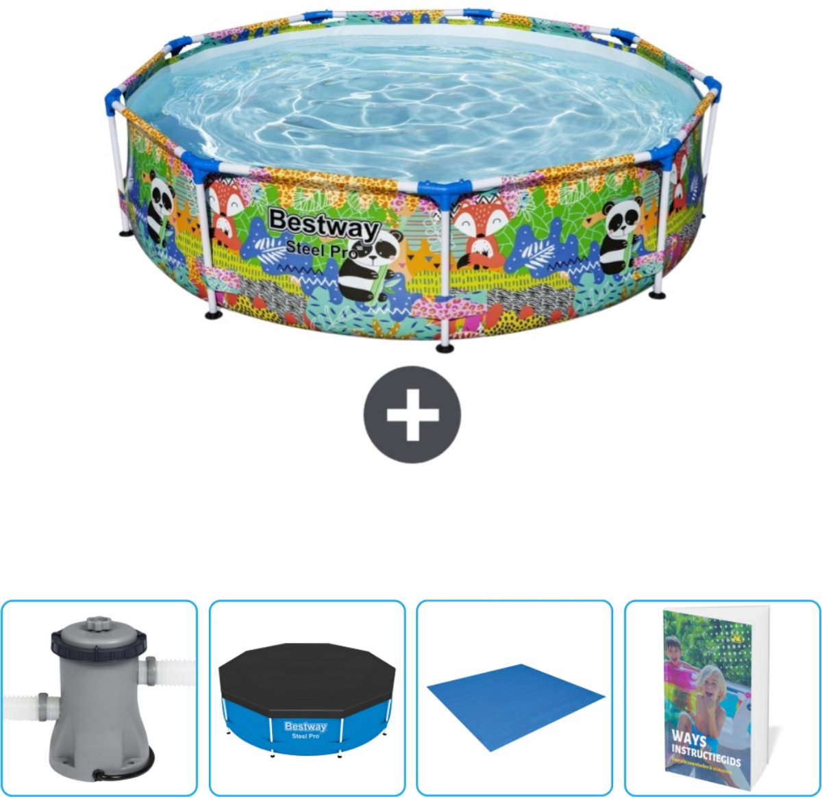 Bestway Rond Steel Pro Zwembad – 274 x 66 cm – Dierenprint – Inclusief Pomp – Afdekzeil – Grondzeil – Zwembadgids