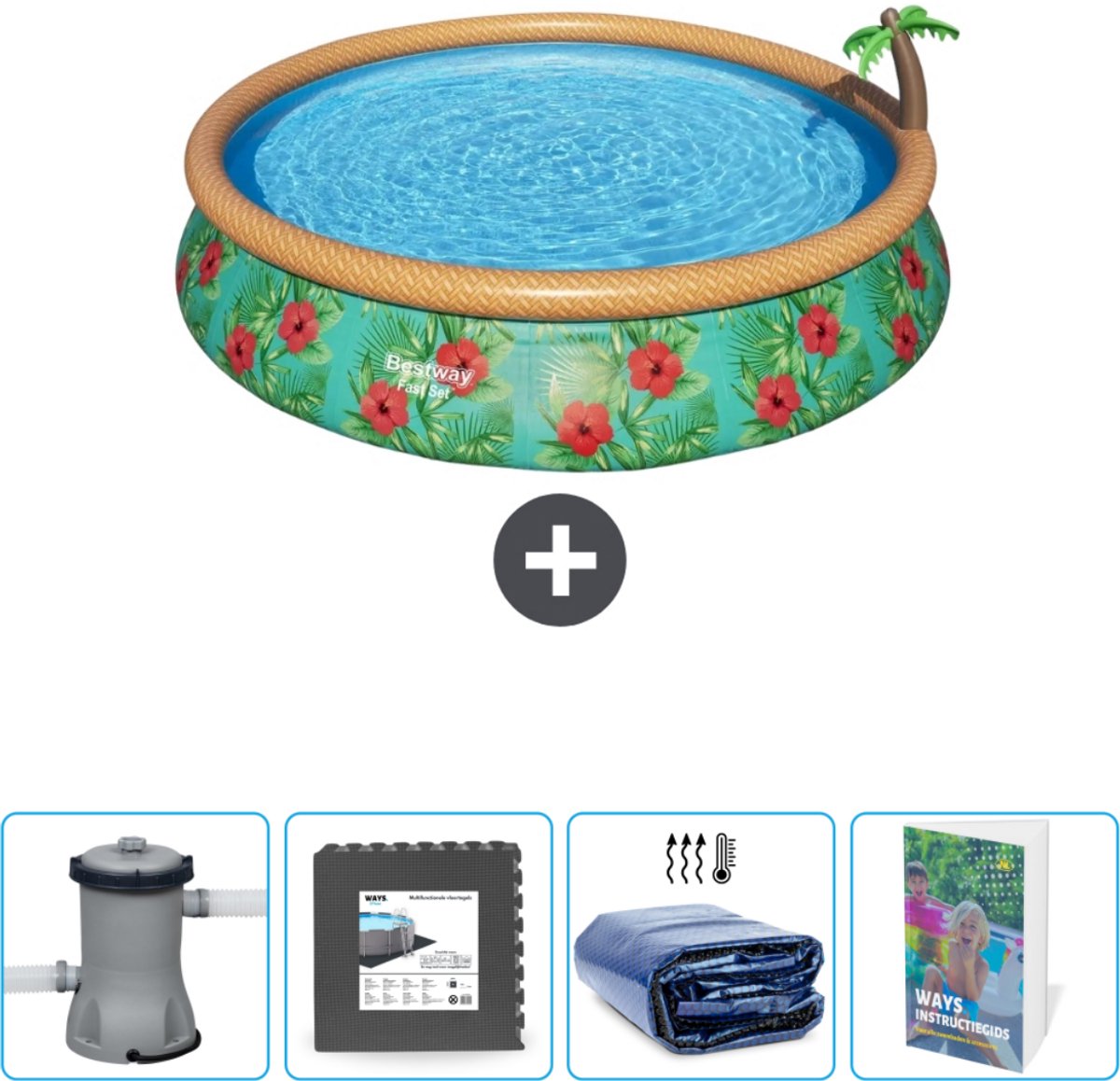Bestway Rond Opblaasbaar Fast Set Zwembad - Paradijsprint - 457 x 84 cm - Inclusief Pomp Vloertegels - Solarzeil - Zwembadgids