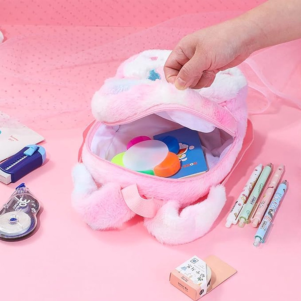 Joya Kids® Unicorn Rugzak Licht Roze met Regenboog Kuif | Fluffy Kinderrugzak | Eenhoorn Backpack | Grote Ogen | Regenboog Eenhoorn – foto 3