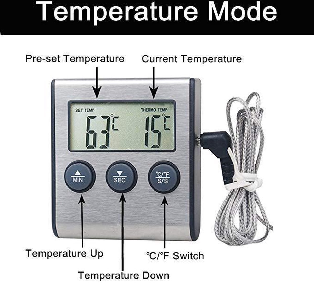 Vleesthermometer - Keukenthermometer - BBQ Thermometer - Met timer - Magnetisch - Thermometer - ook geschikt als voor Vlees, BBQ, Oven — cadeau in Kookcadeaus - foto 7