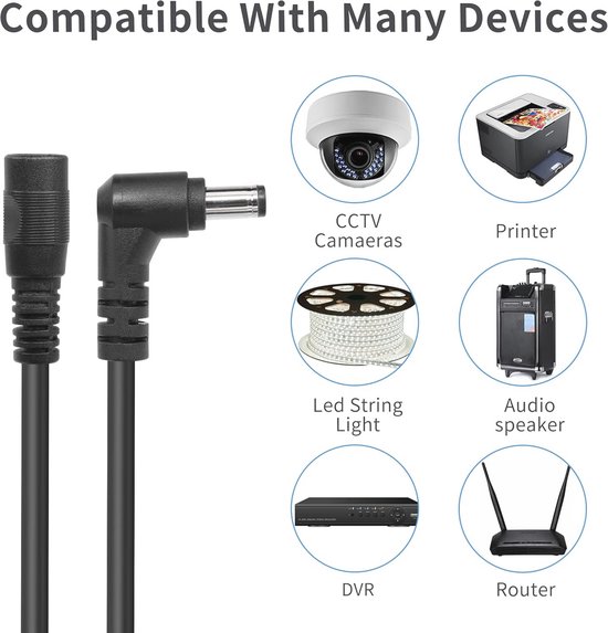 DC verlengkabel 90 graden 12V, 5,5 x 2,1 mm, mannelijke naar vrouwelijke adapter voor beveiligingscamera van Merkloos — afbeelding 2